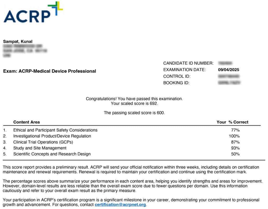 ACRP Medical Device Professional (MDP) exam score report