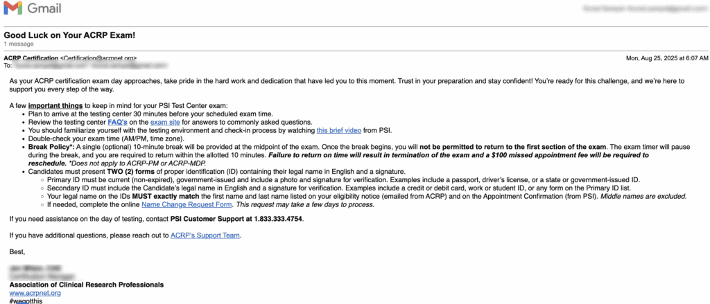ACRP Exam Final Reminder Email